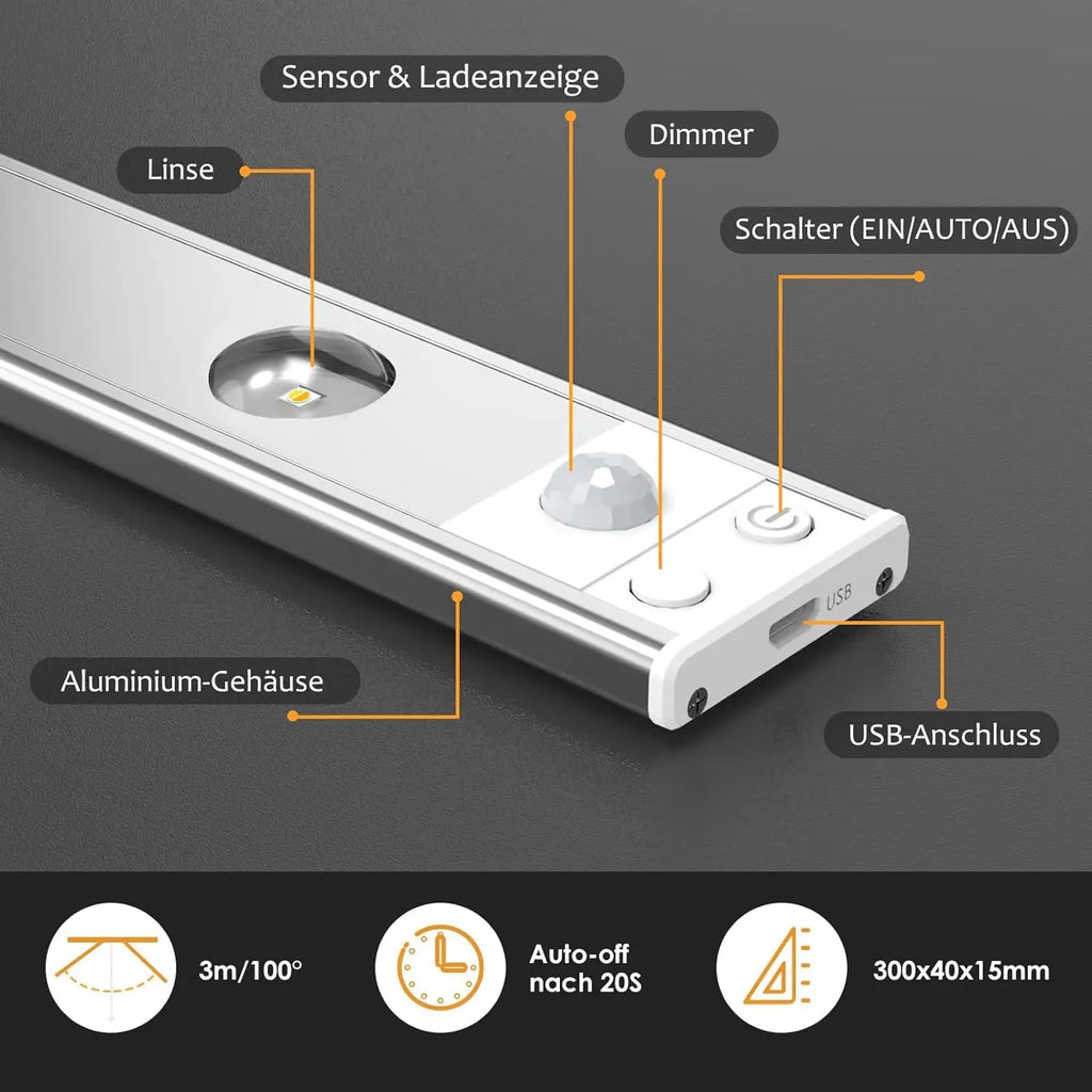 Rechargeable LED Under-Cabinet Light Bar – Dimmable, Motion Sensor & Touch Control.