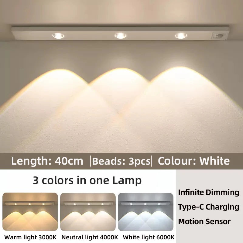 Wireless Ultra Thin Motion Sensor LED Cabinet Light Dimmable Lamp USB Rechargeable 3 Colors for Kitchen Wardrobe Bedroom Stairs